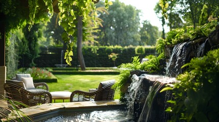 Wall Mural - Terrace with a decorative waterfall and soft chairs image