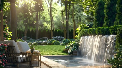 Wall Mural - Terrace with a decorative waterfall and soft chairs