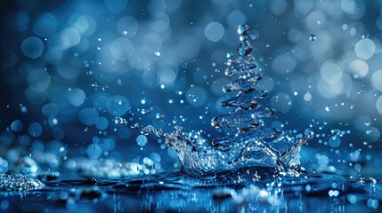 Water Christmas. Blue Background with Christmas Tree Splash