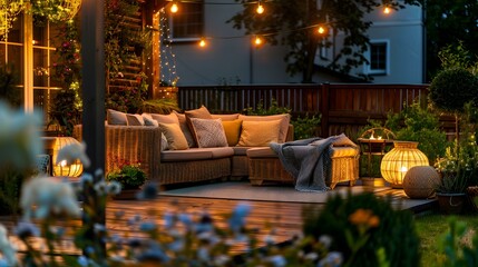 Wall Mural - Terrace with decorative lights and comfortable sofas