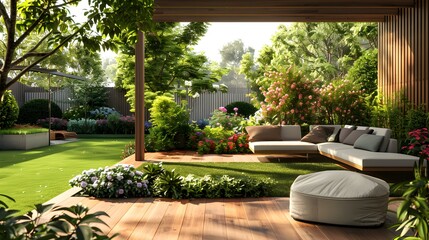 Wall Mural - Terrace with wooden floors and comfortable sofas image