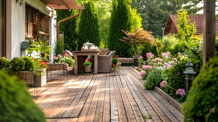 Wall Mural - Terrace with wooden floors and dining area decorated img