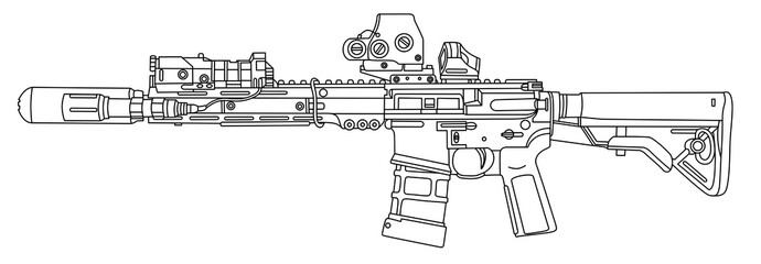 Weapon outline. Military automatic rifle illustration for poster or website. Line drawn AR-15 assault rifle in service with the US Army.