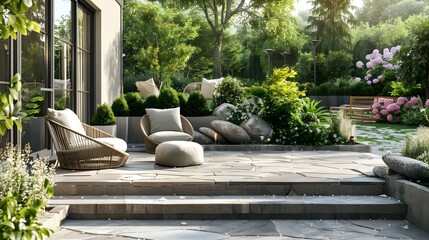 Wall Mural - Terrace with stone steps and soft chairs decorated img