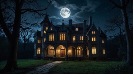 Magnificent abandoned medieval mansion as if from a fairy tale. AI generation.