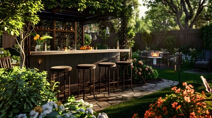 Wall Mural - Terrace with outdoor bar and high bar stools