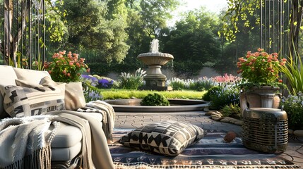 Wall Mural - Terrace with a fountain and soft chairs decorated picture