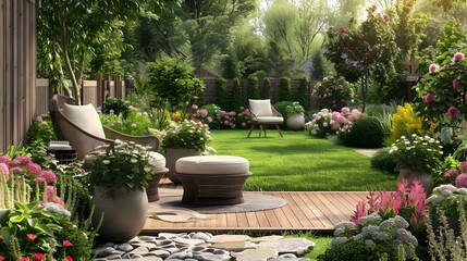 Wall Mural - Terrace with flower pots and soft chairs