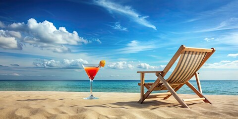 Poster - Beach chair and cocktail on sky background summer vacation concept, beach, chair, cocktail, sky, background, summer