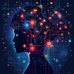 Wall Mural - A woman's head is shown with a lot of wires and circuits. The image is a representation of the brain and its complex network of neurons. The colors and patterns of the wires