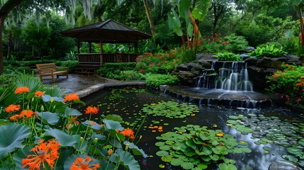 Wall Mural - Tropical garden with exotic flowers and plants well-groomed picture