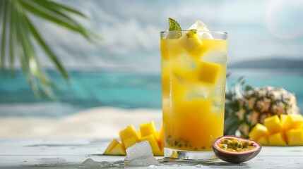 Canvas Print - Tropical fresh juice in a tall glass img