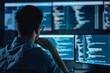 © Dina - software tester troubleshooting issues or debugging code, minimalist computer screen or programming blue neon color, showcasing the analytical and problem-solving skills required in software testing