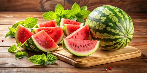 Wall Mural - A fresh, juicy watermelon cut into slices on a wooden table , fruit, summer, refreshment, healthy, red, green, juicy, sweet