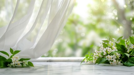 Poster - White curtain moves gently in breeze, showing blurred spring landscape