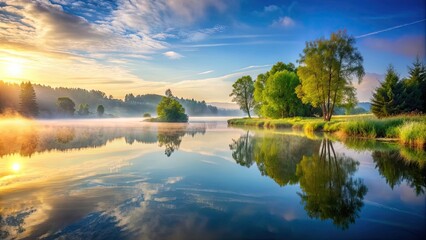 Canvas Print - Tranquil landscape of a serene morning , sunrise, peaceful, calm, nature, outdoors, scenic, early, dawn, sky, clouds