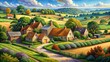 © Sujid - Tranquil acrylic painting depicting rural village life with colorful scenes of fields, farms