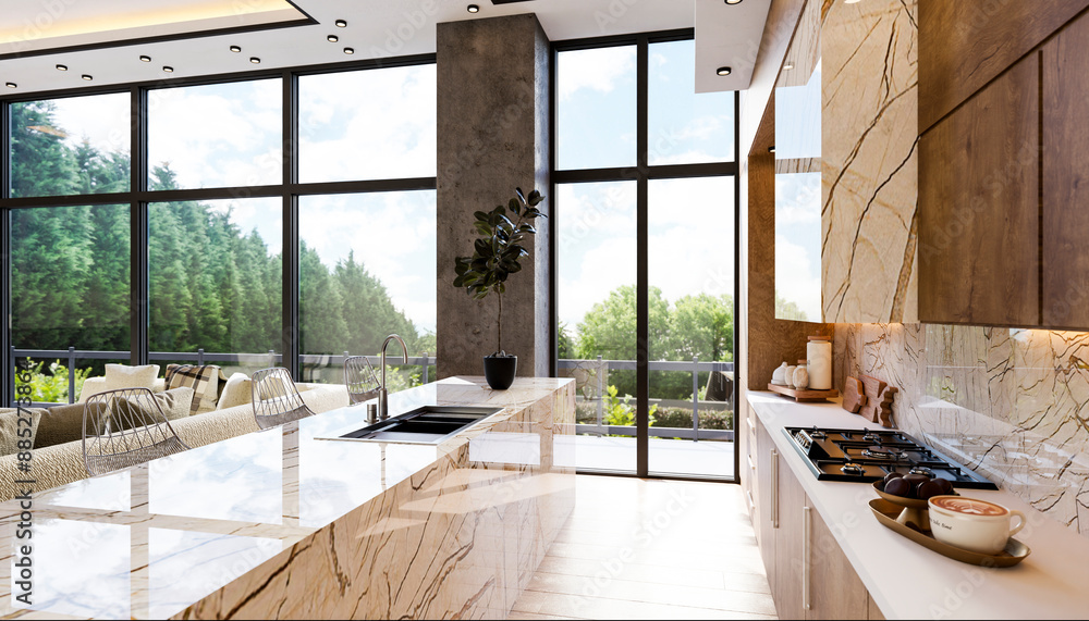 Interior of modern kitchen and living room with large windows Stock ...