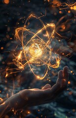 Wall Mural - hand holding glowing atom. physics, science, quantum mechanics, nuclear energy and power concept.