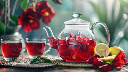 Sticker - Hibiscus tea in a glass teapot filled picture