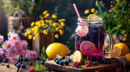 Wall Mural - Blueberry lemonade in a glass jar picture