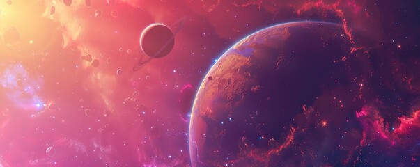 Wall Mural - an illustration of the big differences between the earth and the planet saturn with a space backgrou