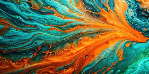 Wall Mural - Vibrant teal and orange ink mixing together in abstract fluid art , colorful, vibrant, ink, fluid, art, abstract, teal