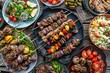 © Anatolii Rymarchuk - Turkish Food. Middle Eastern Dinner Table with Grilled Lamb Kebab, Chicken Skewers, and Appetizers Variety on Wooden Table