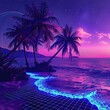 © Nottenaj - A vaporwave aesthetic with a beach at night, neon palm trees, and a retro grid horizon under a purple sky
