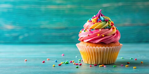 Wall Mural - Delicious and colorful cupcake with frosting and sprinkles , sweet, dessert, bakery, treat, icing, delicious, pastry