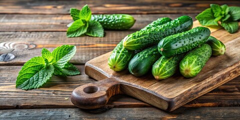 Poster - Fresh cucumbers and mint on a wooden cutting board , Fresh, cucumbers, mint, green, sliced, juicy, seeds, rustic