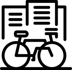 Poster - Line icon of a bicycle parked in front of buildings, representing urban commuting and sustainable transportation