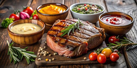 Wall Mural - Steak with various sauces poured over it, sizzling, grilled, marinated, succulent, barbecue, savory, delicious, tender, juicy, gourmet