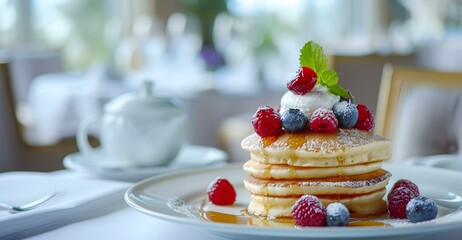 Wall Mural - Gourmet pancakes served for breakfast in a luxury image