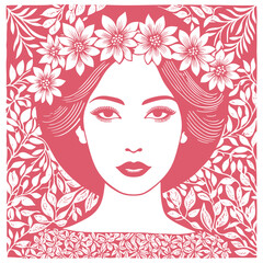 Brunette woman with a flowers on her head, a background of a floral pattern, vector illustration