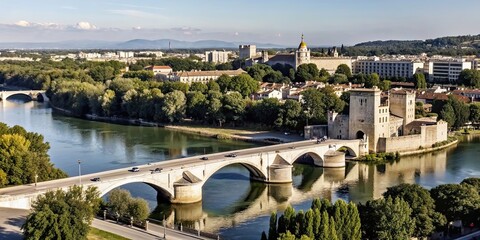 Sticker - View of Avignon with the iconic Pont d'Avignon and the Rh?ne River in Provence, France, Avignon, Pont d'Avignon