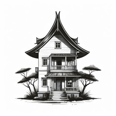 Wall Mural - black and white vector illustration of traditional asian house
