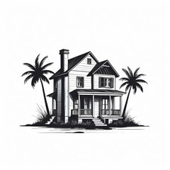 Wall Mural - black and white vector illustration of tropical house
