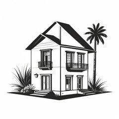 Wall Mural - black and white vector illustration of tropical house
