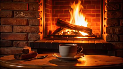 Sticker - Cozy coffee moment by a glowing fireplace on a peaceful night , Coffee, serenity, relaxation, fireplace, warm, cozy, calm