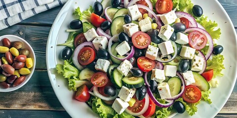 Poster - Close-up of a freshly made Greek salad with tomatoes, cucumbers, olives, feta cheese, and red onions on a white plate