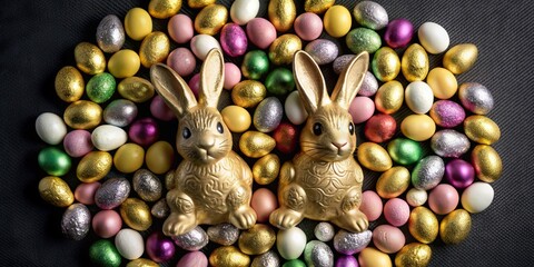 Poster - Easter bunnies surrounded by colorful chocolate eggs, Easter, bunnies, rabbits, chocolate, eggs, decorations, festive