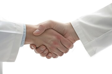 Wall Mural - Healthcare professional and scientist in white lab coat shaking hand on white background. Closeup - generative ai