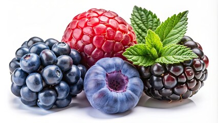 Sticker - Three different berries (blueberry, raspberry, blackberry) arranged together on a white background , berries, blueberry