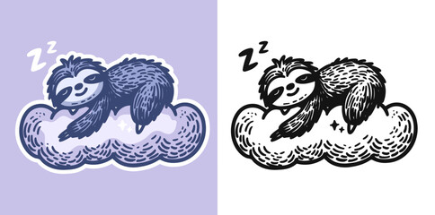 Wall Mural - cute sloth sleeping on a cloud doodle, colored and black set 