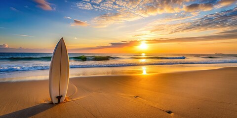 Sticker - Surfboard laying on sandy beach at sunrise, surfboard, beach, morning, sunlight, sand, relaxation, vacation, sea, ocean, wave, coast