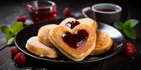 Wall Mural - Pancakes with Jam on a black plate