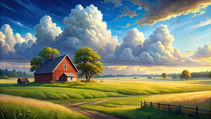 Poster - Farmhouse style painting of a peaceful field under a sky with fluffy clouds , Farmhouse, painting, field, sky, clouds