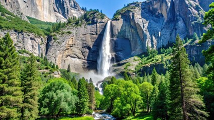 Sticker - Majestic waterfall in Yosemite National Park surrounded by lush greenery and towering cliffs, yosemite