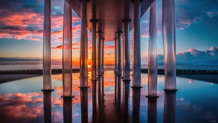 Sticker - A view of a large structure with pillars and water at sunset, AI